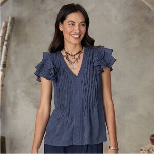 Sundance Blue Ruffled Sleeve Pleated Blouse Top